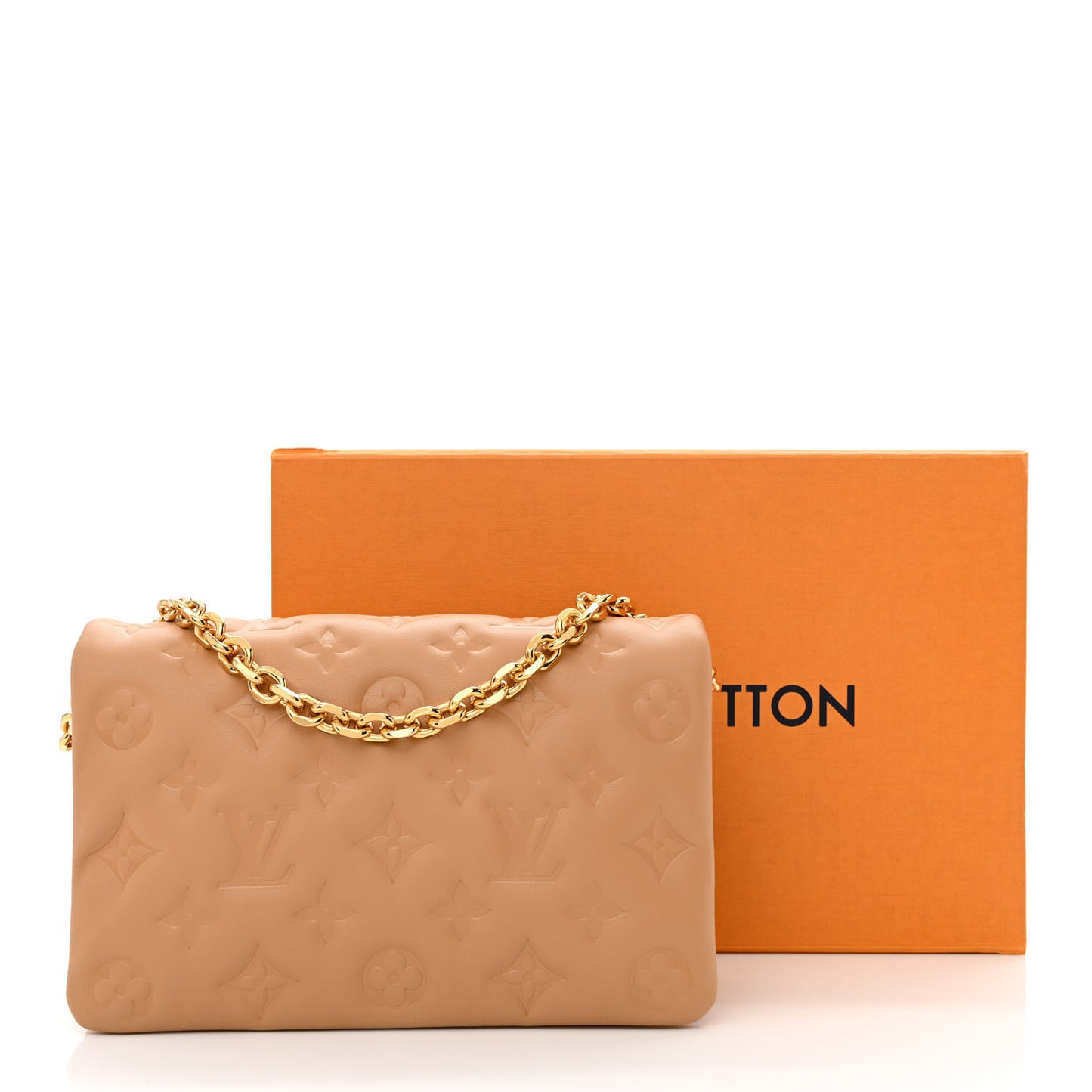 Lambskin Embossed Monogram Pochette Coussin Camel