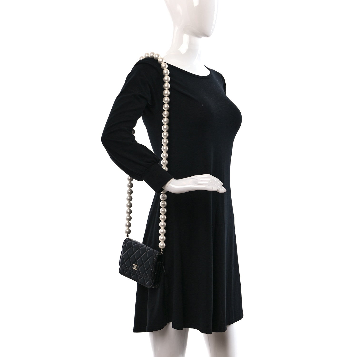 Chanel Calfskin Quilted Mini Maxi Pearls Wallet On Chain WOC Black 2 of 9