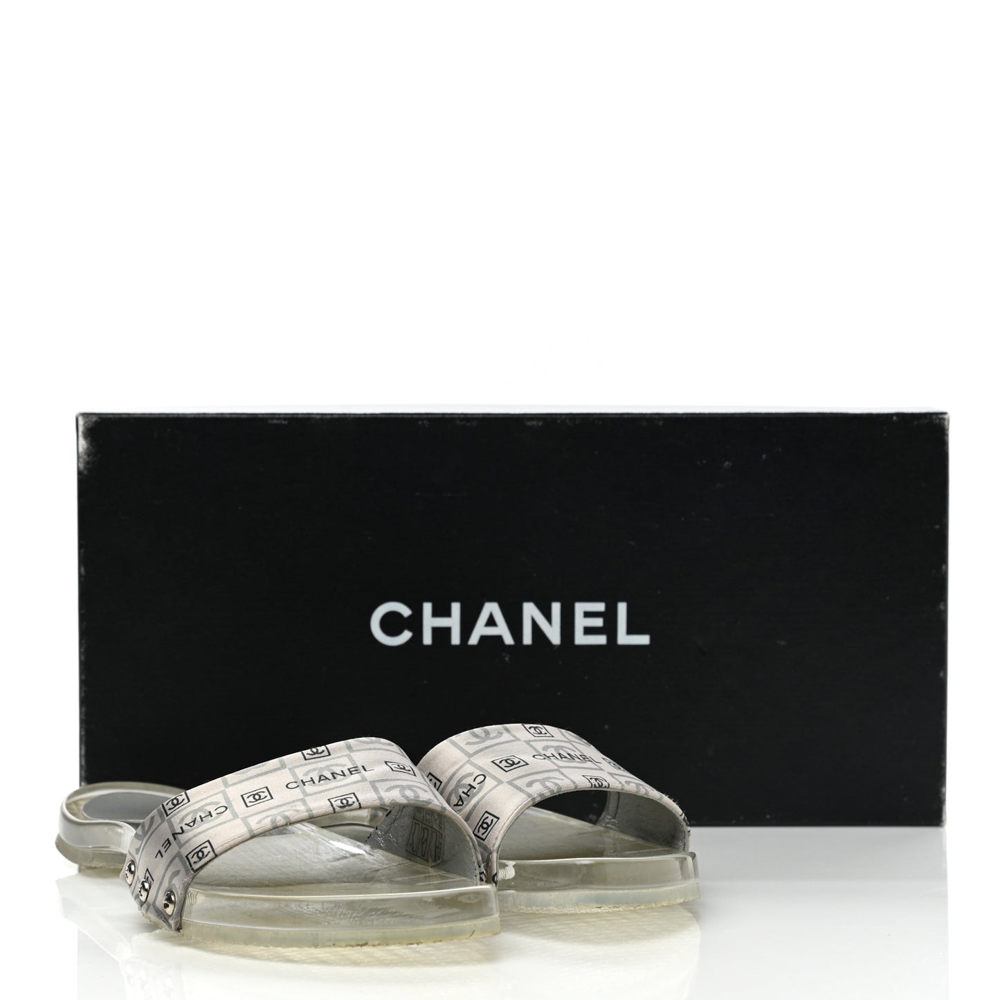 PVC Transparent Satin CC Logo Sport Slide Sandal 36 White Silver
