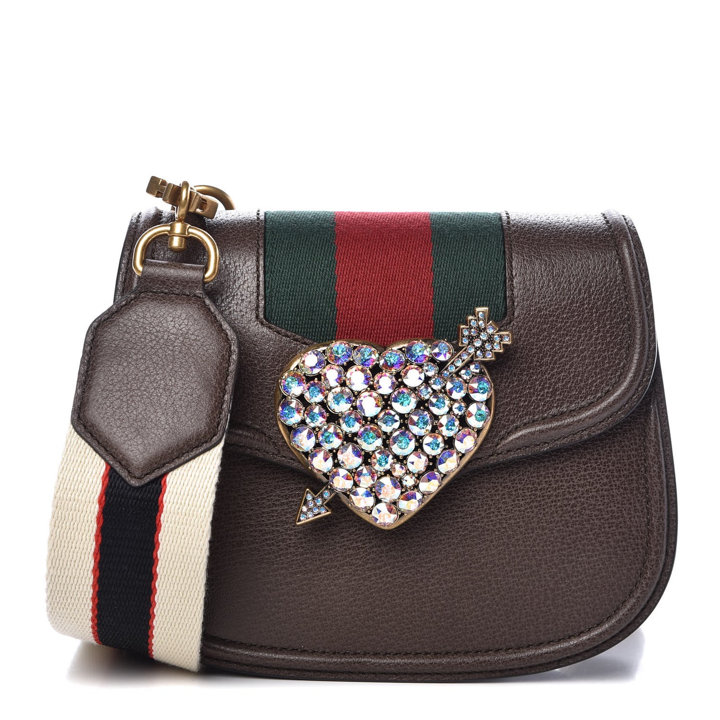 Textured Calfskin Web Crystal Heart Stripe Small Totem Shoulder Bag New Acero