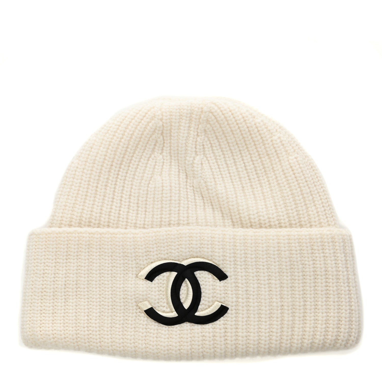 Chanel Wool Cashmere CC Beanie Hat White Black 1 of 4