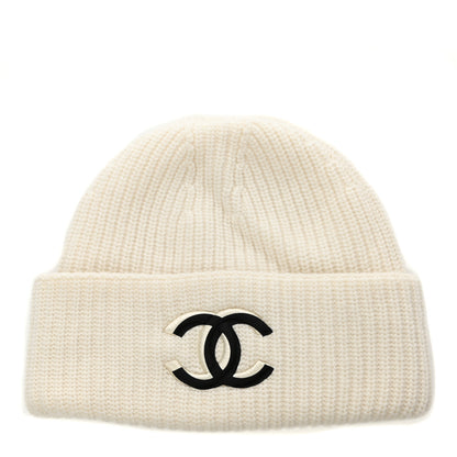 Chanel Wool Cashmere CC Beanie Hat White Black 1 of 4