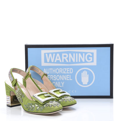 Gucci Moire Fabric Eyes Crystal Square G Madelyn Slingbacks 37.5 Lemon Leaf 10 of 10