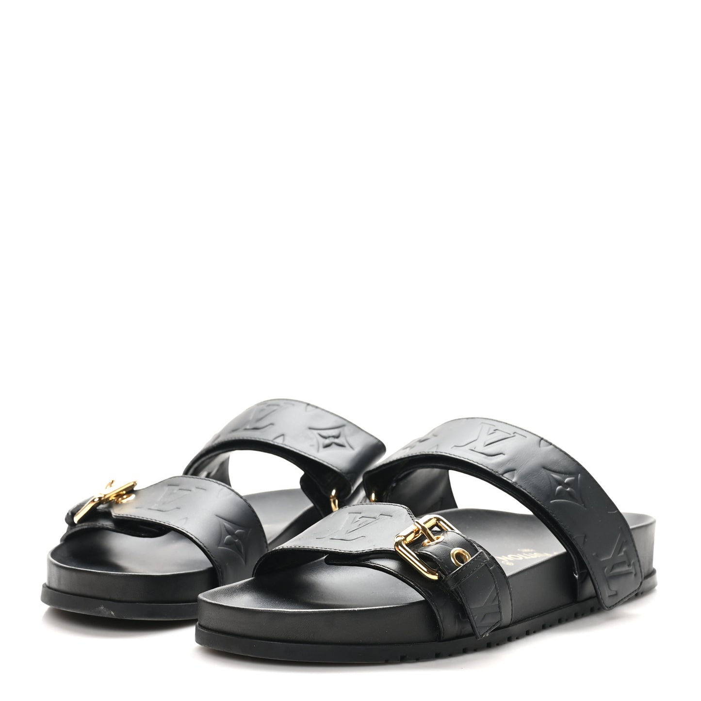 Lambskin Embossed Monogram Bom Dia Flat Mule Sandals 38 Black