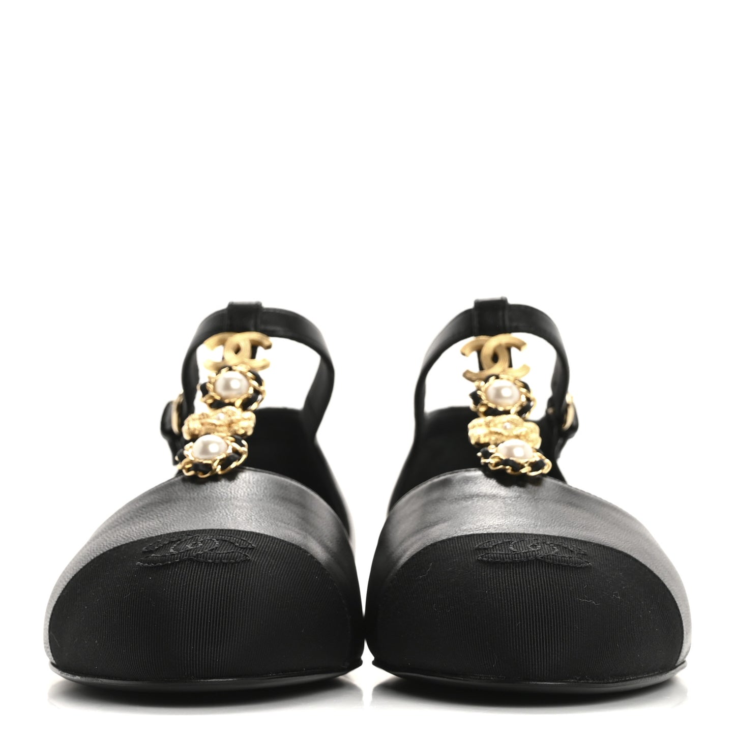 Lambskin Grosgrain Cap Toe Pearl CC Mary Jane Flats 39 Black