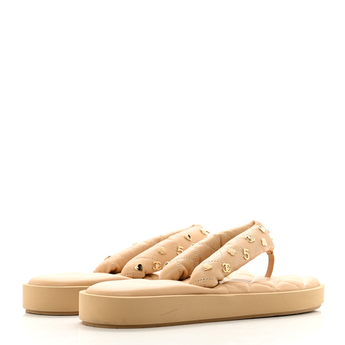 Lambskin Quilted Padded Charms Thong Sandals 41 Beige