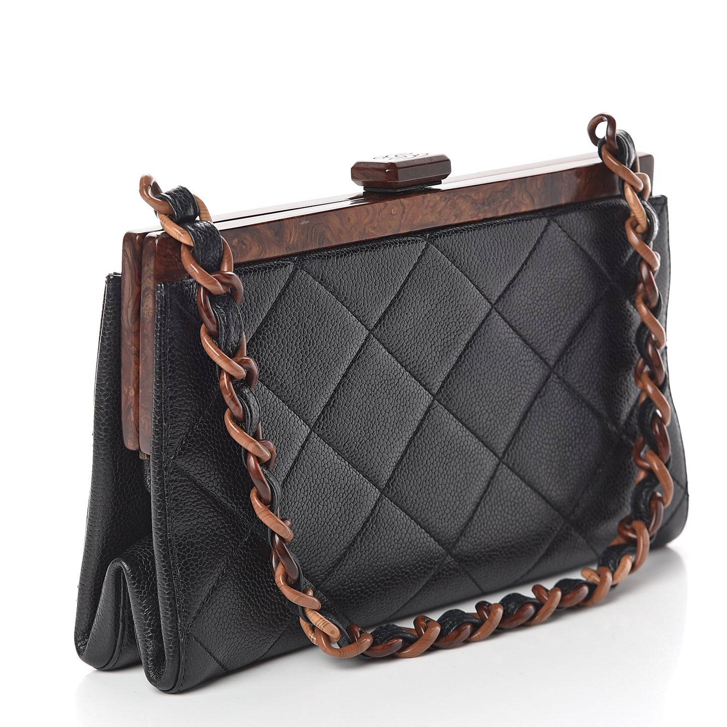 Caviar Quilted Wood Handle Clutch Black