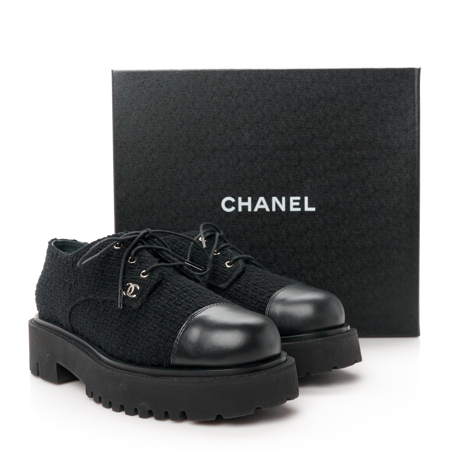 Chanel Wool Tweed Calfskin Lace-Up Loafers 38.5 Black 10 of 10