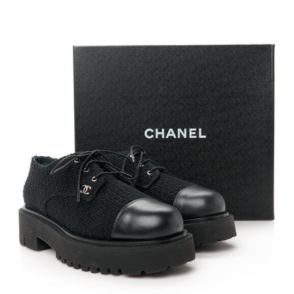 Chanel Wool Tweed Calfskin Lace-Up Loafers 38.5 Black 10 of 10