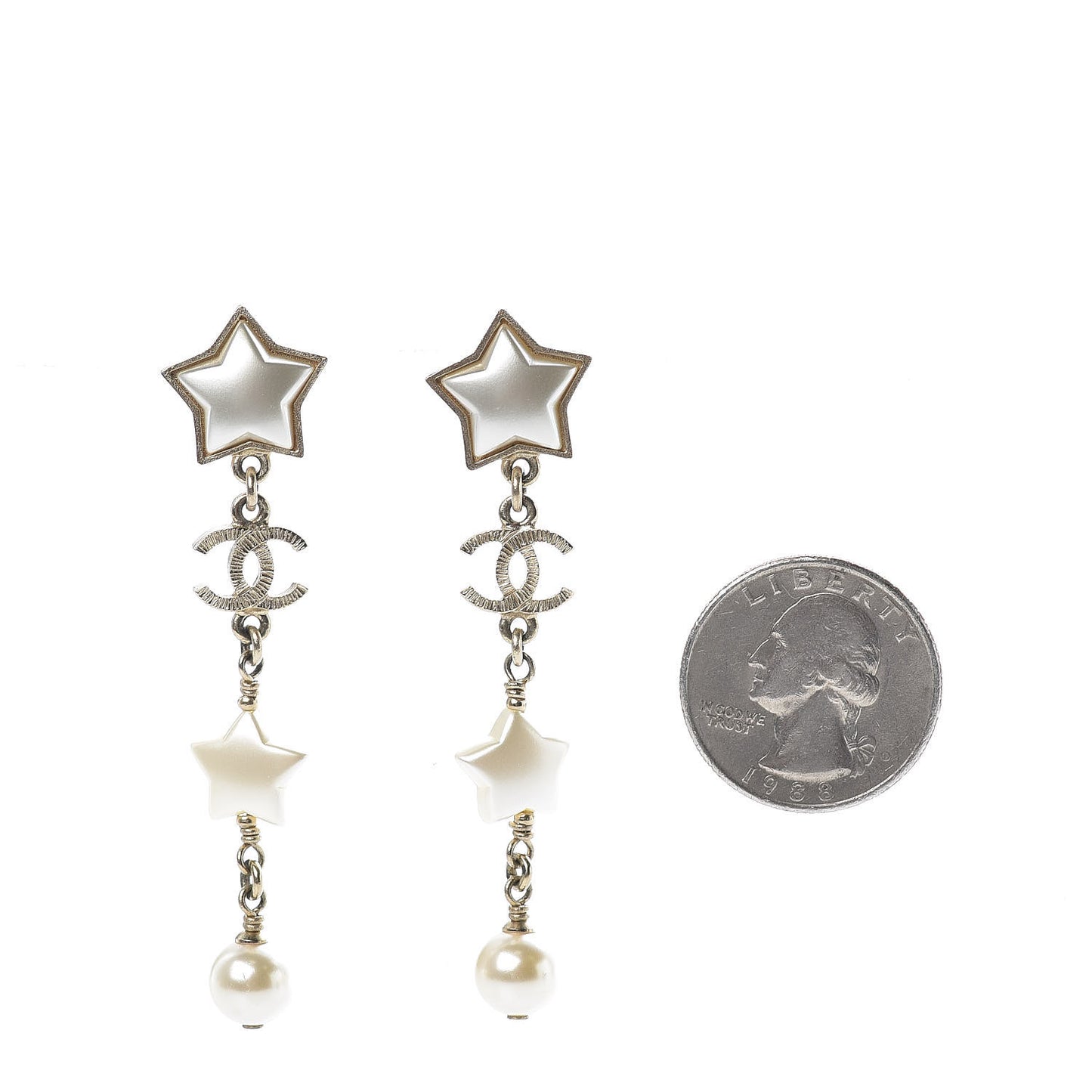 Metal Resin Pearl CC Star Dangle Earrings Gold