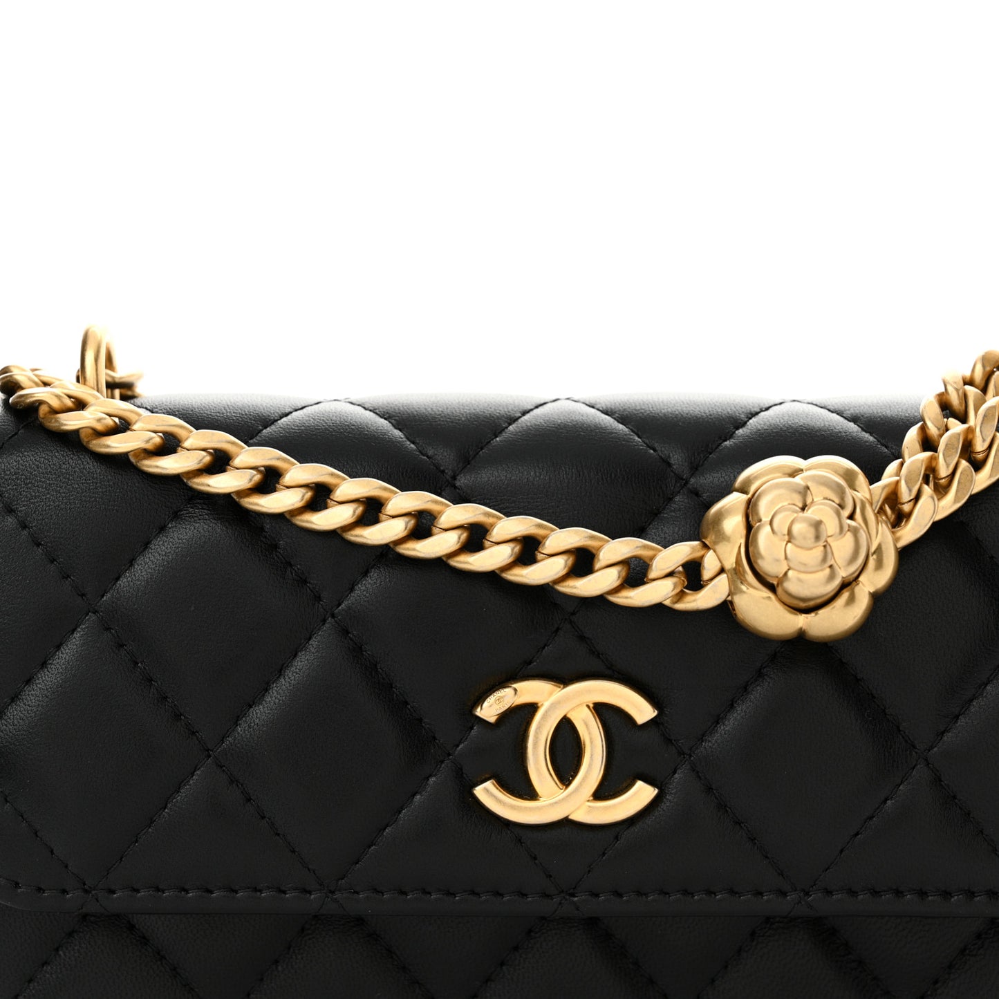 Lambskin Quilted Sweet Camellia Flap Phone Holder With Chain Black