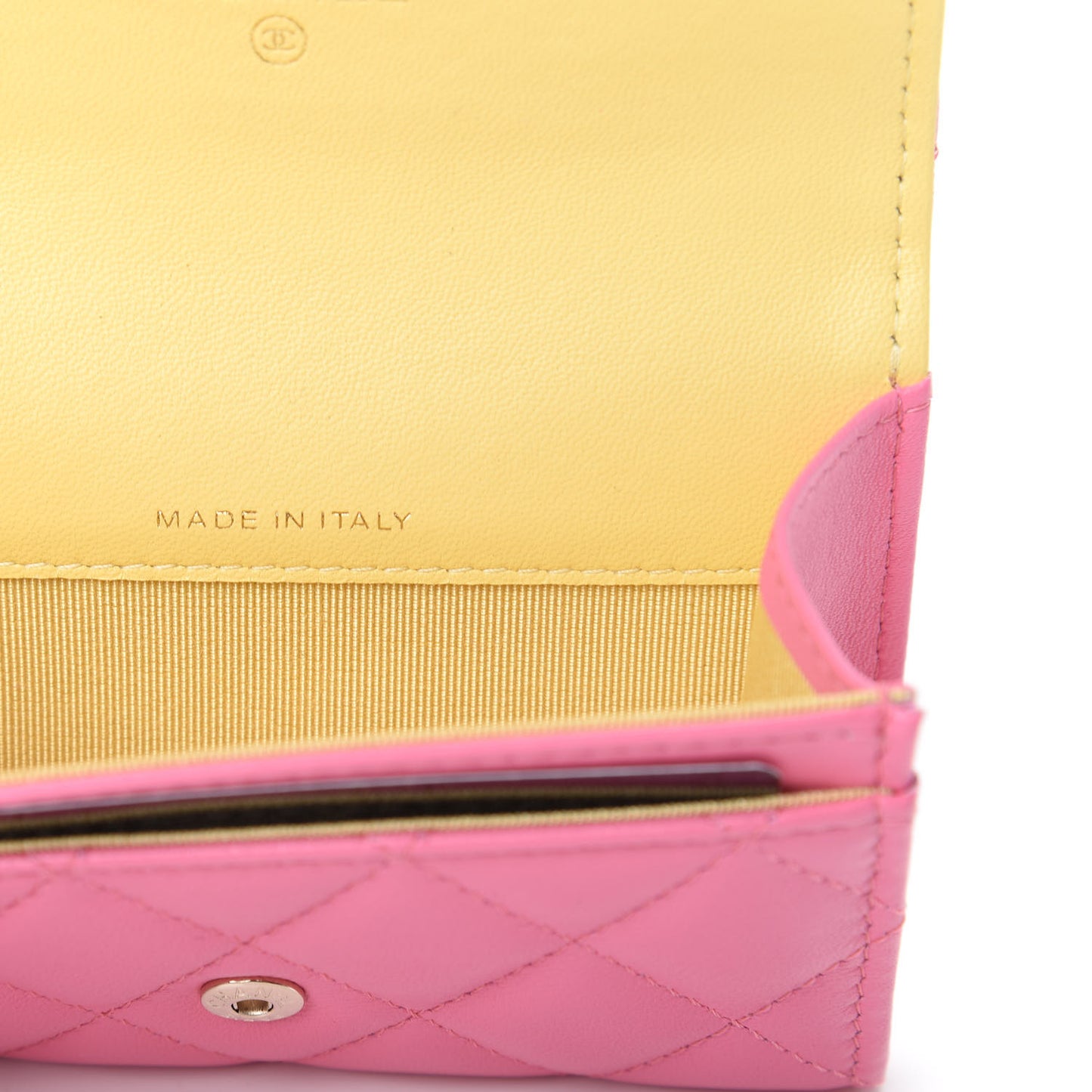 Lambskin Quilted Flap Card Holder Wallet Pink Yellow