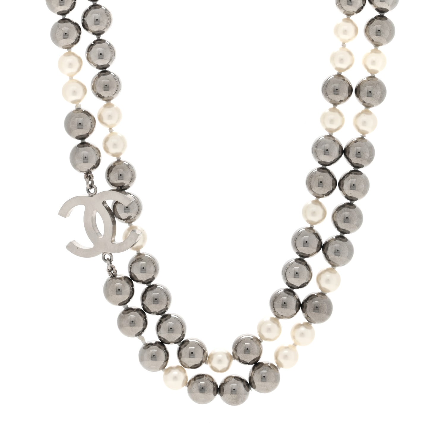 Metal Pearl CC Long Necklace Silver Pearly White Grey