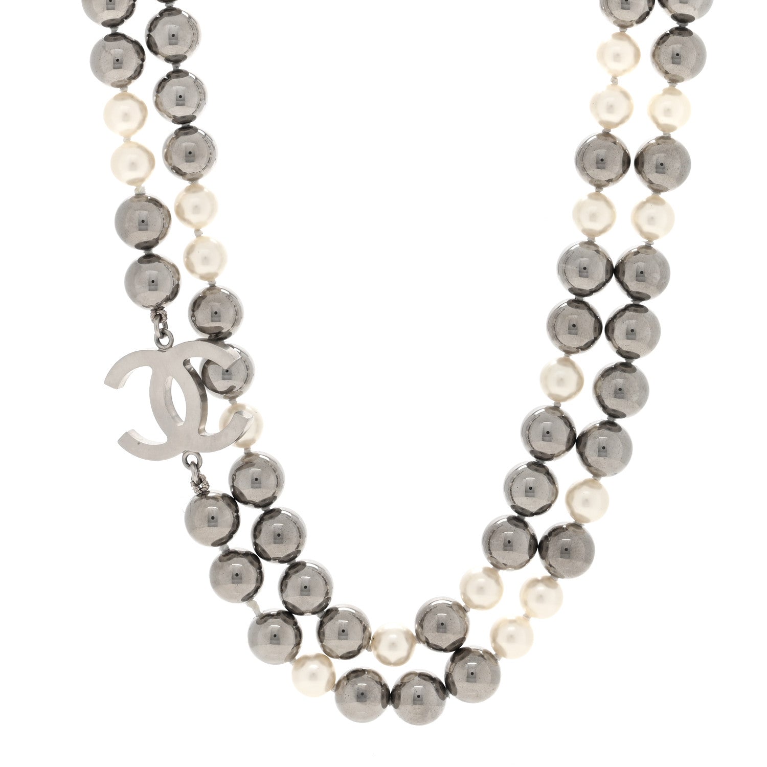 Chanel Metal Pearl CC Long Necklace Silver Pearly White Grey 1 of 4