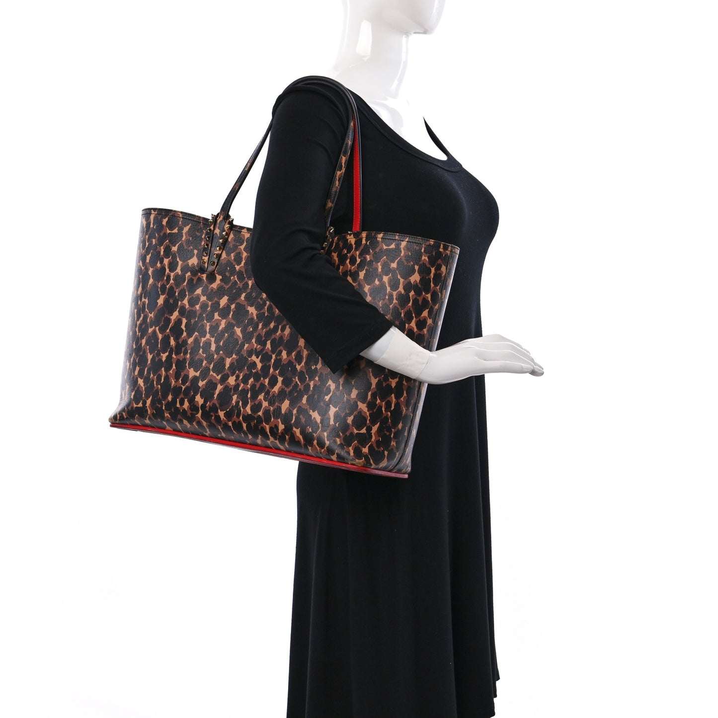 Calfskin Leopard Print Spikes East West Cabata Tote Brown