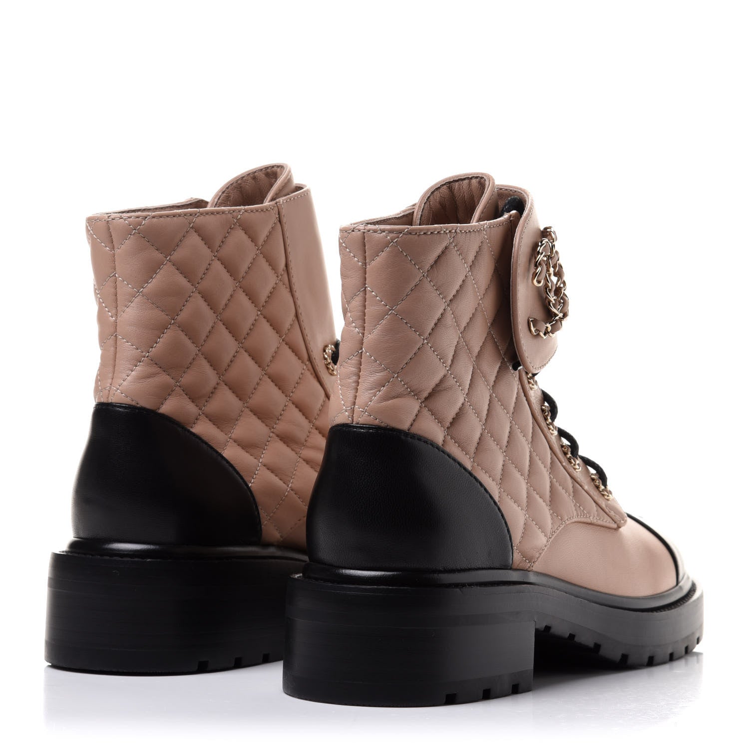 Chanel Shiny Lambskin Quilted Lace Up Combat Boots 38 Beige Black 4 of 12