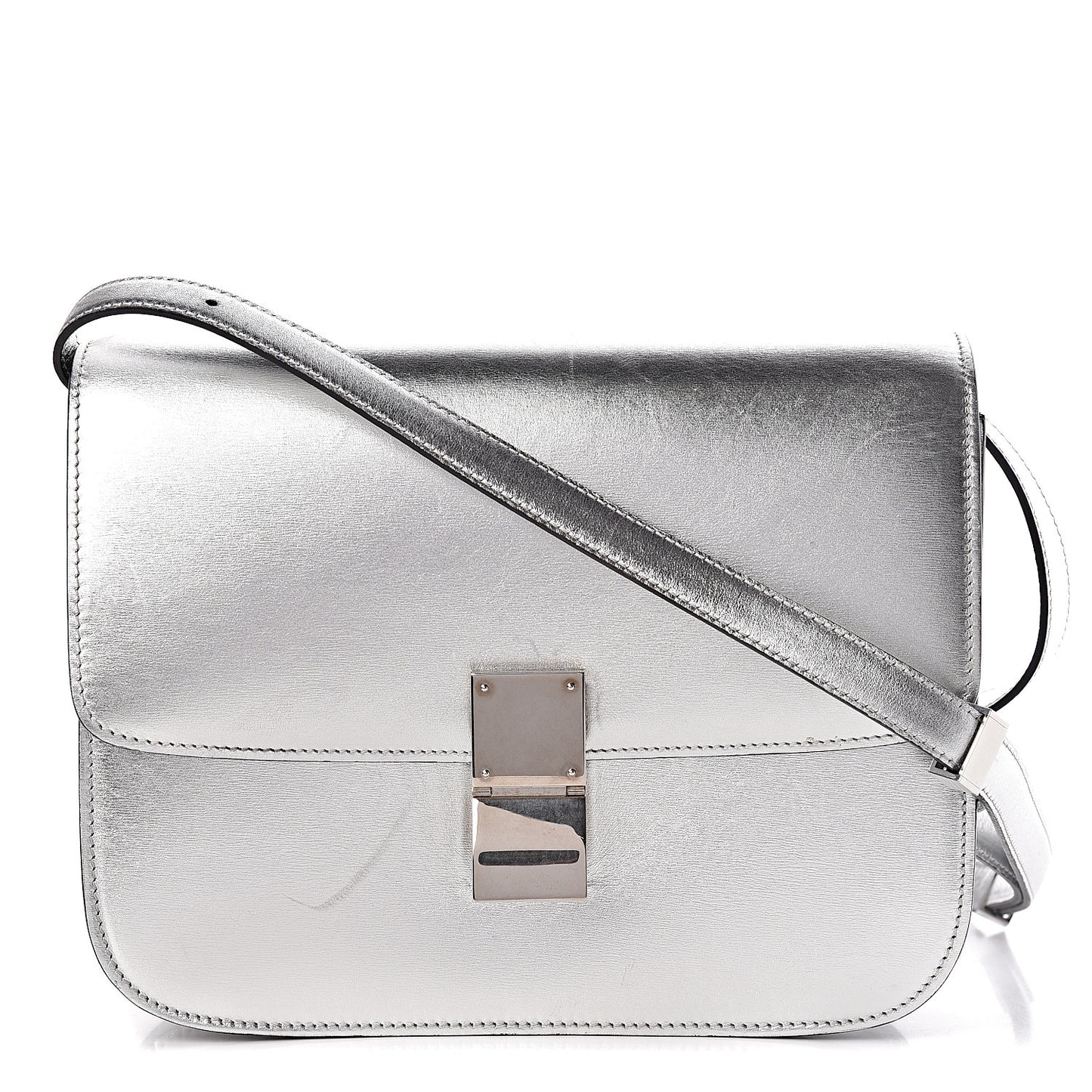 Laminated Lambskin Medium Classic Box Flap Bag Silver