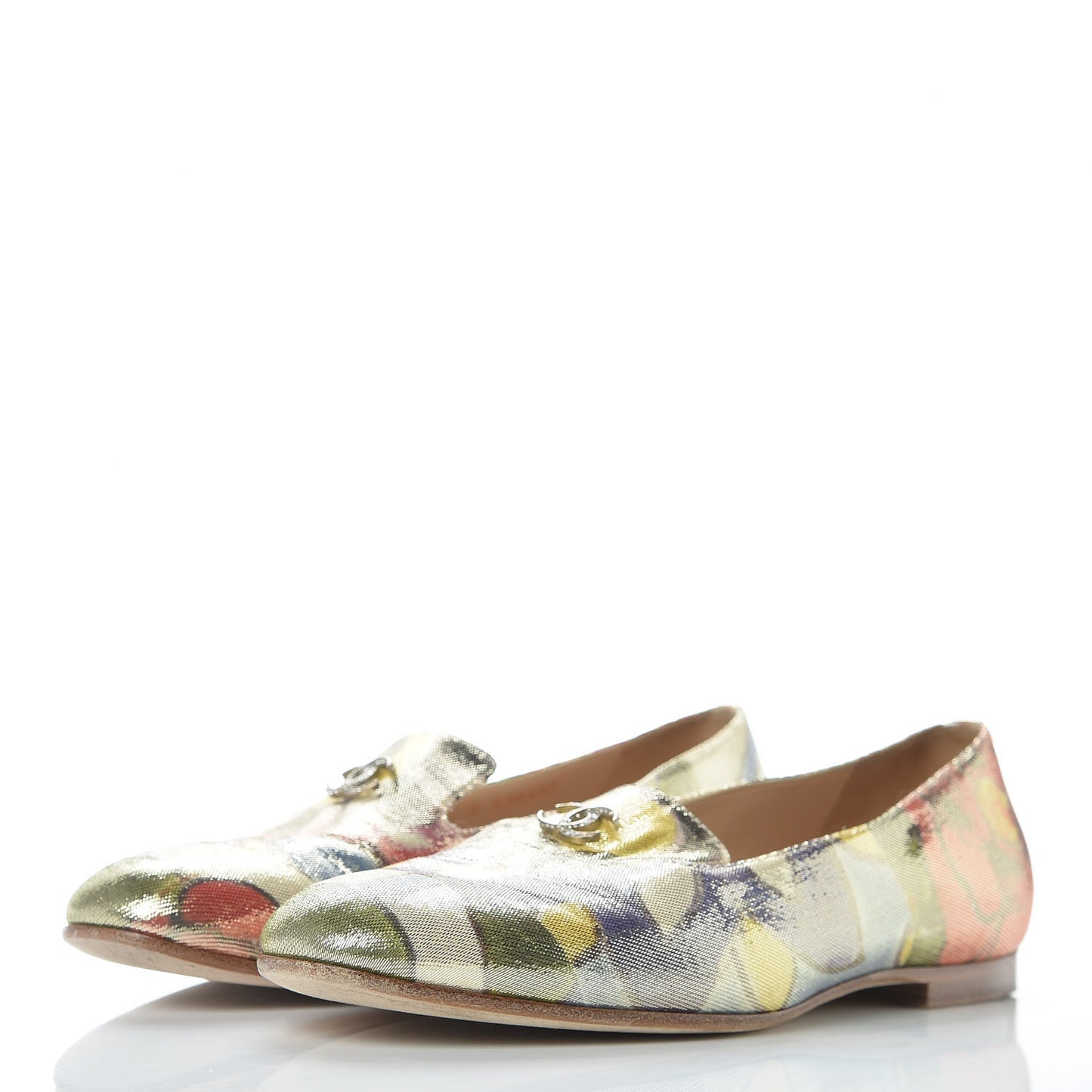 Crepe Calfskin Floral Printed Metallic Calfskin CC Mocassin Loafers 39 Multicolor