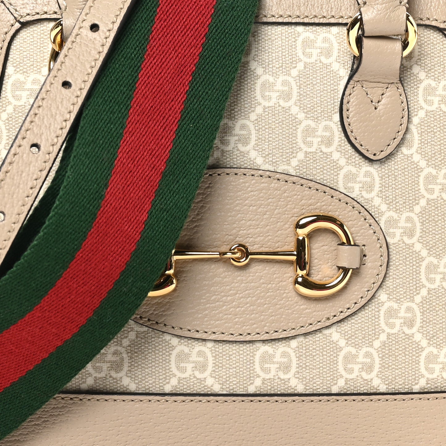 GG Supreme Monogram Textured Dollar Calfskin Mini Horsebit 1955 Top Handle Bag Beige Mystic White Oatmeal