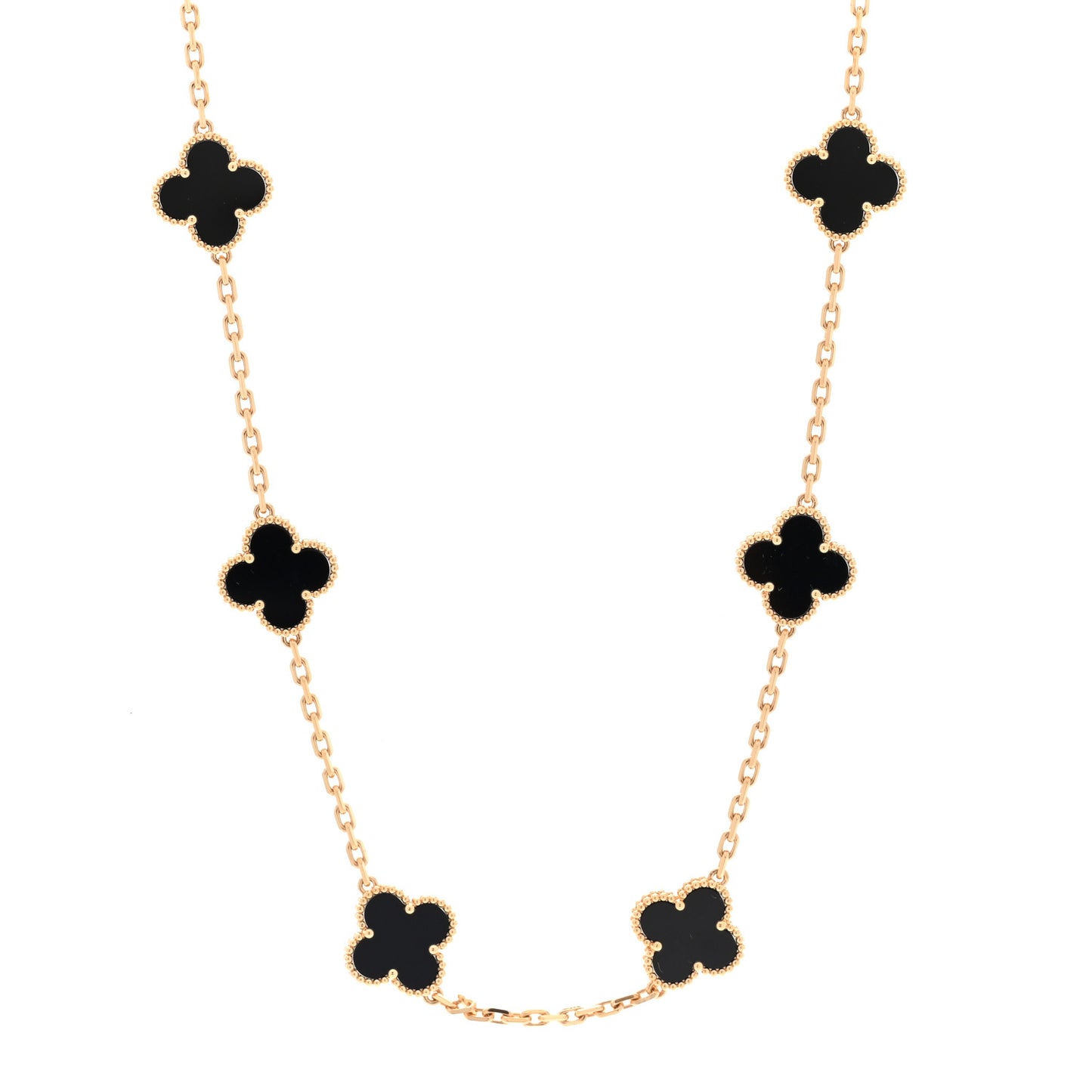 18K Yellow Gold Black Onyx 10 Motifs Vintage Alhambra Necklace