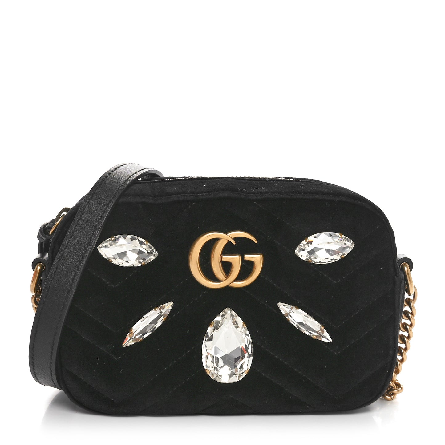 Velvet Matelasse Marquise Crystals Mini GG Marmont Chain Shoulder Bag Black