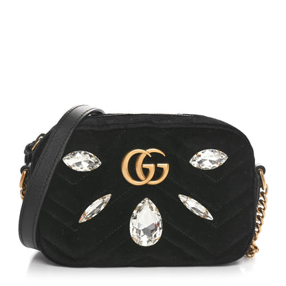Gucci Velvet Matelasse Marquise Crystals Mini GG Marmont Chain Shoulder Bag Black 1 of 10