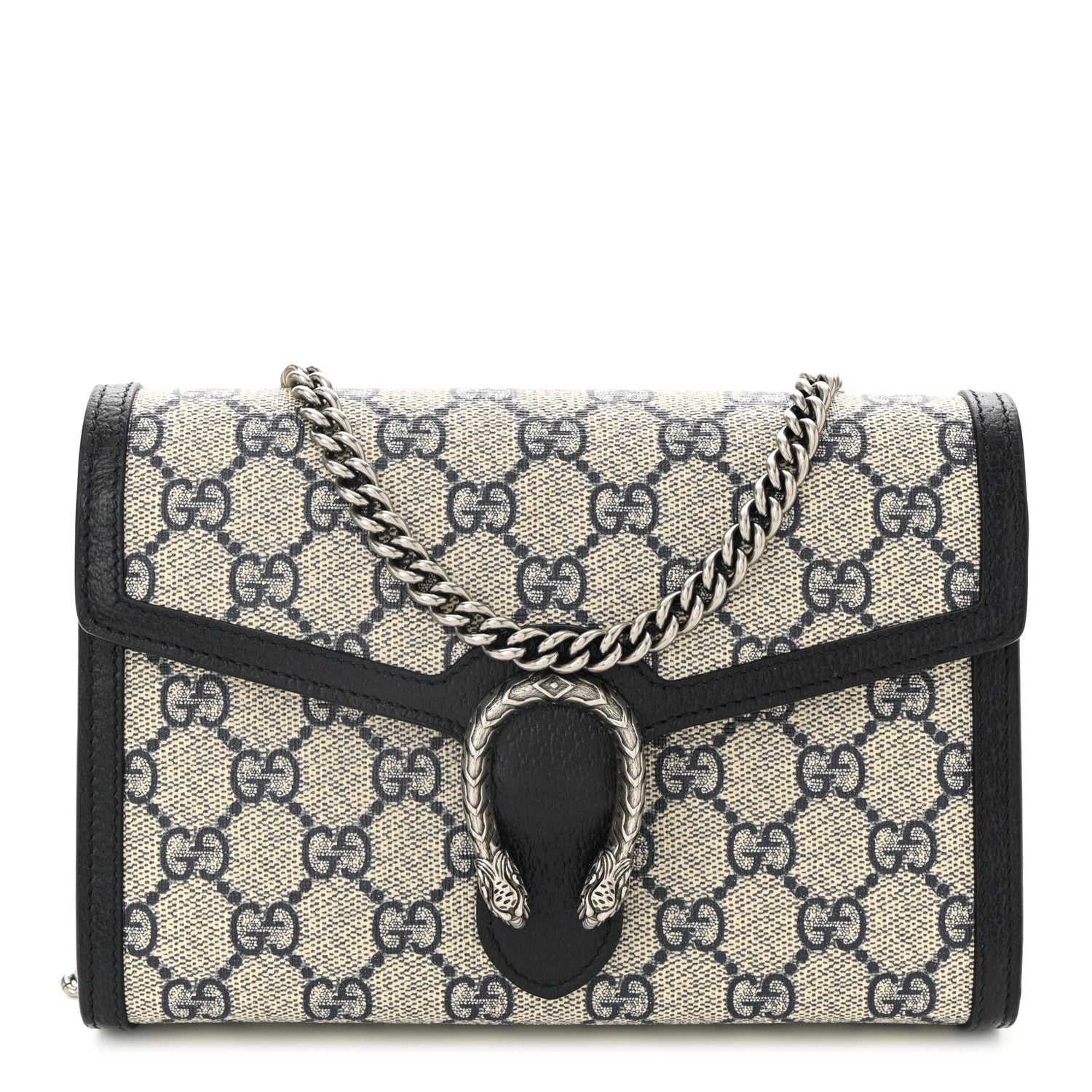 Gucci GG Supreme Monogram Textured Dollar Calfskin Mini Dionysus Chain Wallet Beige Blue 1 of 15