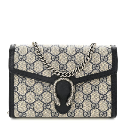 Gucci GG Supreme Monogram Textured Dollar Calfskin Mini Dionysus Chain Wallet Beige Blue 1 of 15