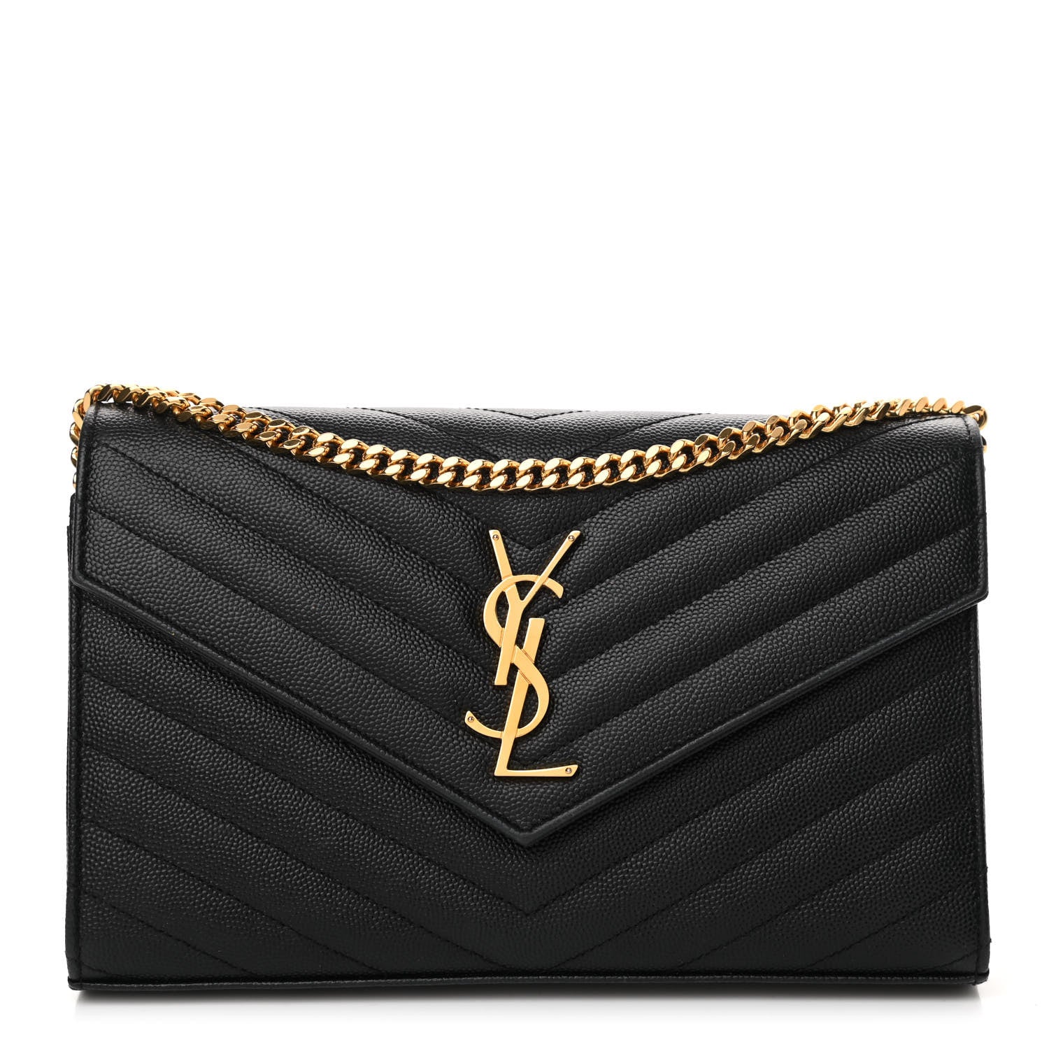 Saint Laurent Grain De Poudre Matelasse Chevron Monogram Chain Wallet Black 1 of 11
