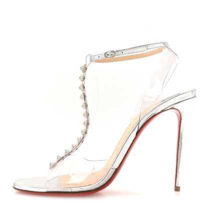 Christian Louboutin PVC Spiked Jamais Assez 100 T-Strap Sandals 38.5 Silver 1 of 9