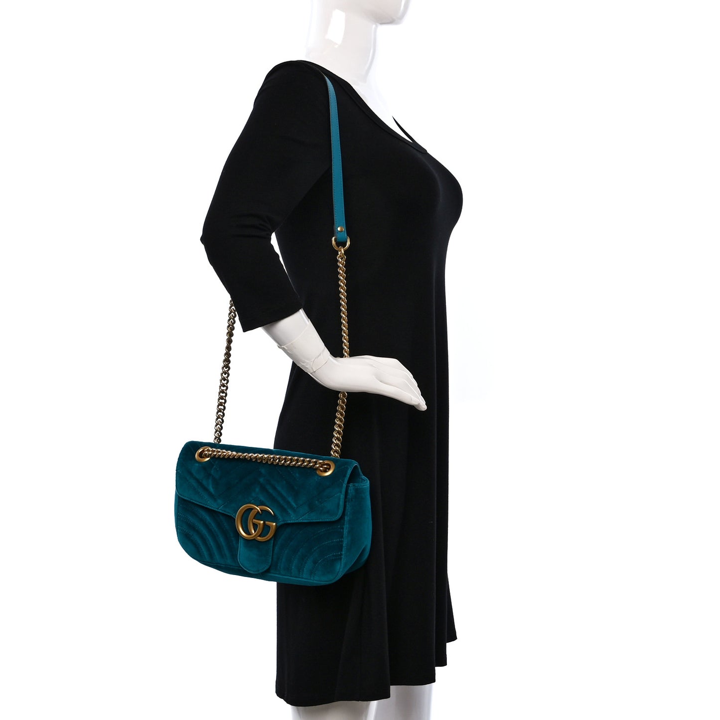 Velvet Matelasse Small GG Marmont Shoulder Bag Pavone Cyan