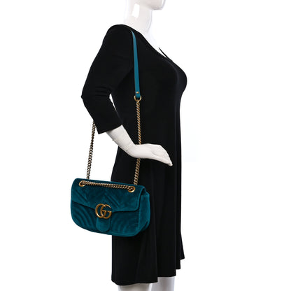 Gucci Velvet Matelasse Small GG Marmont Shoulder Bag Pavone Cyan 2 of 11
