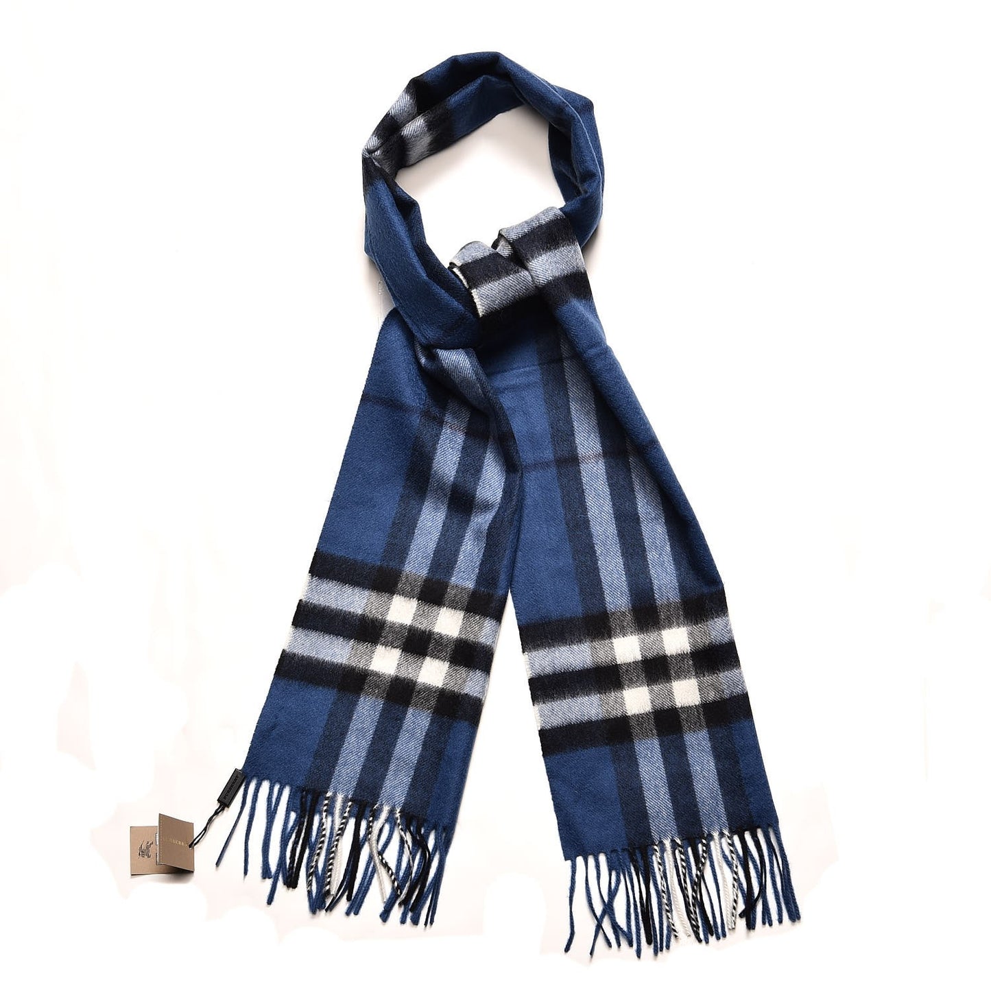Cashmere Giant Check Fringe Scarf Cadet Blue