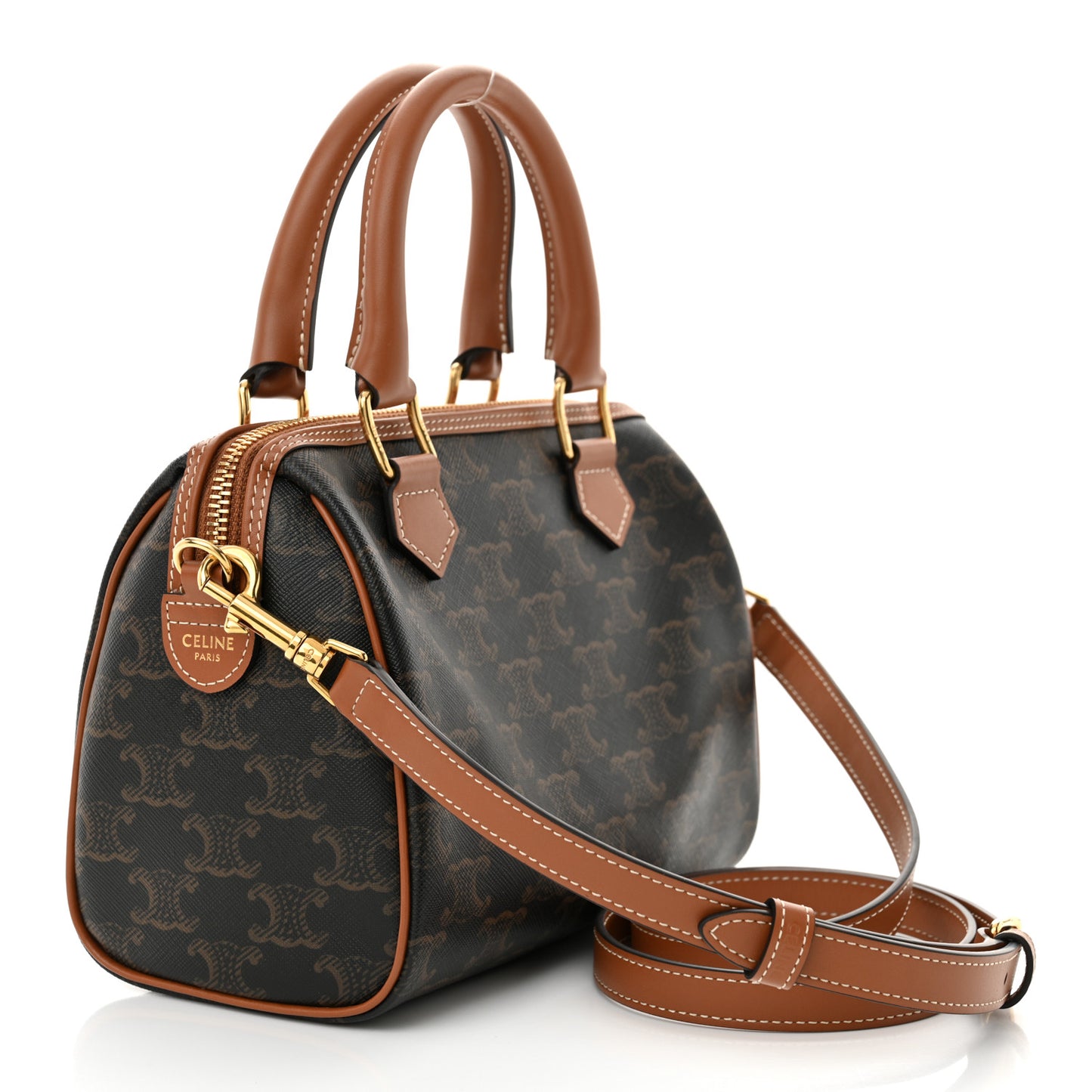 Triomphe Canvas Calfskin Small Boston Bag Tan