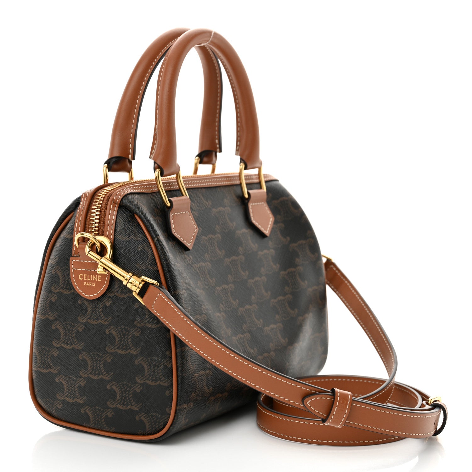 Celine Triomphe Canvas Calfskin Small Boston Bag Tan 3 of 10