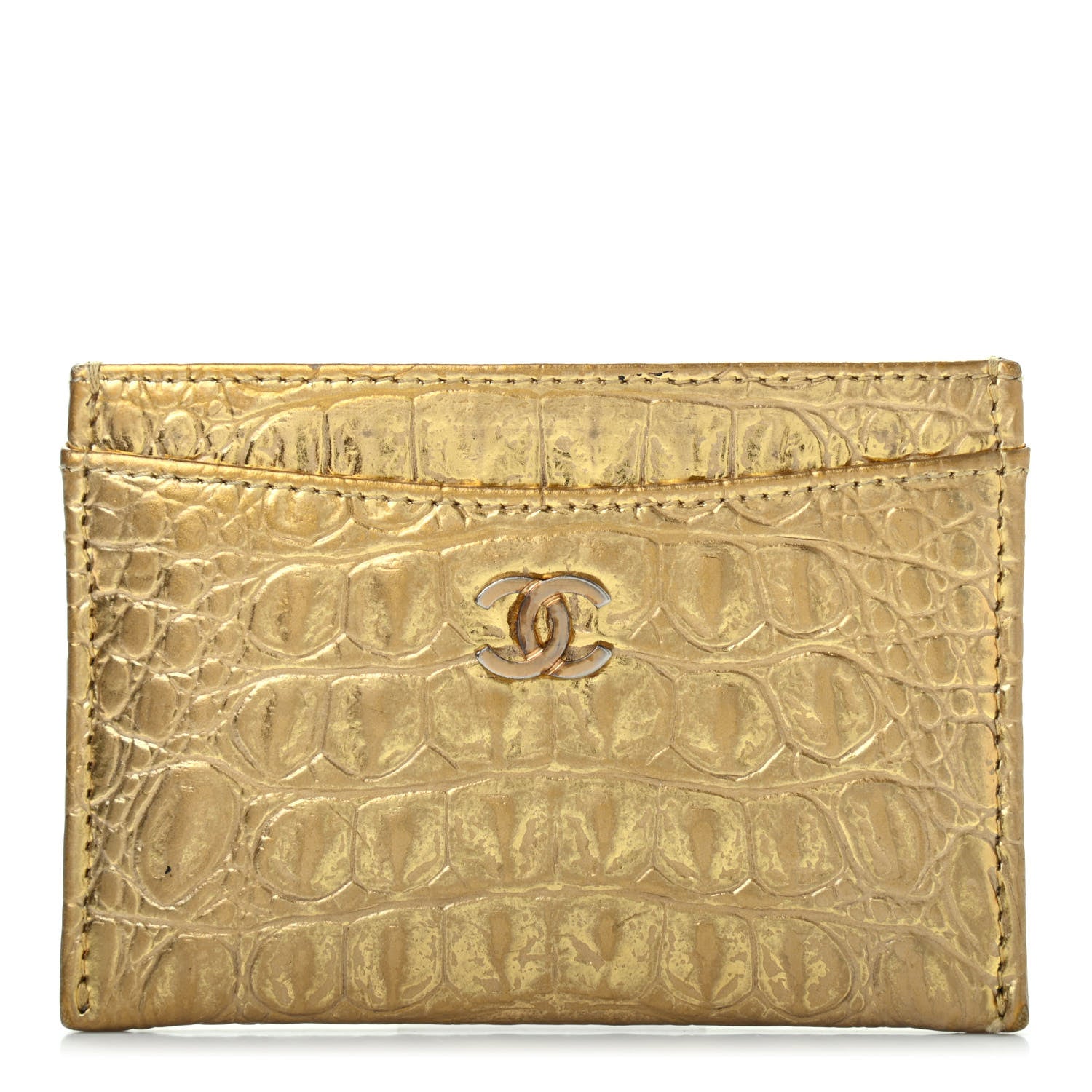 Chanel Metallic Calfskin Crocodile Embossed Cocodile Card Holder Gold 1 of 8