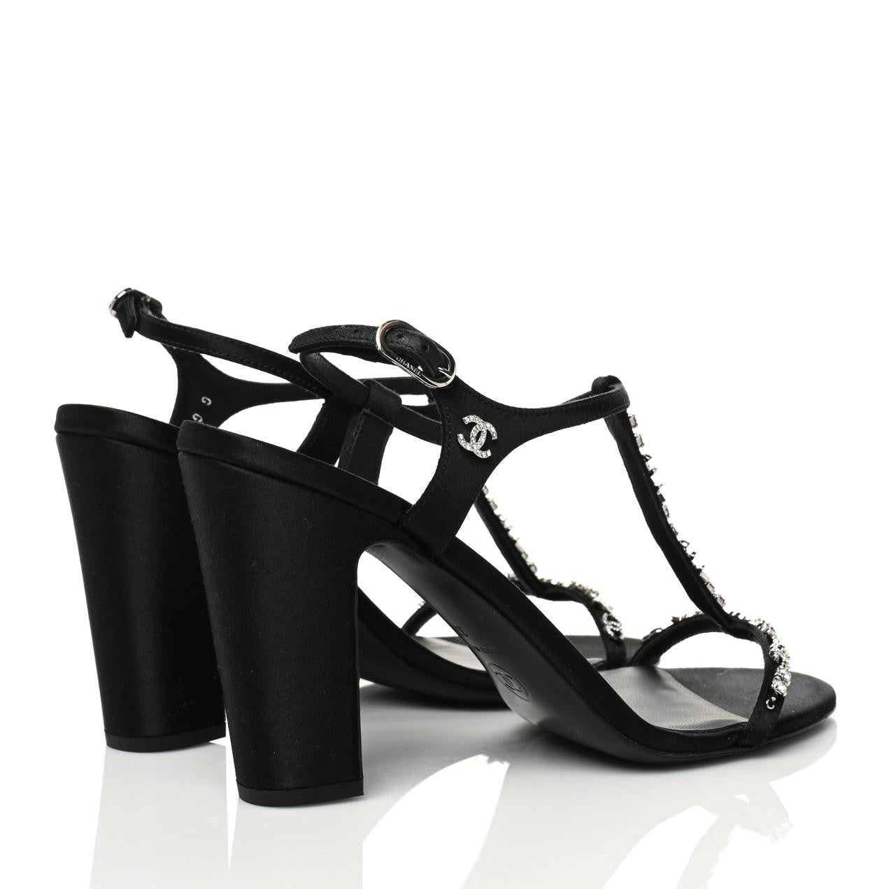 Satin Crystal Slingback Sandals 37 Black