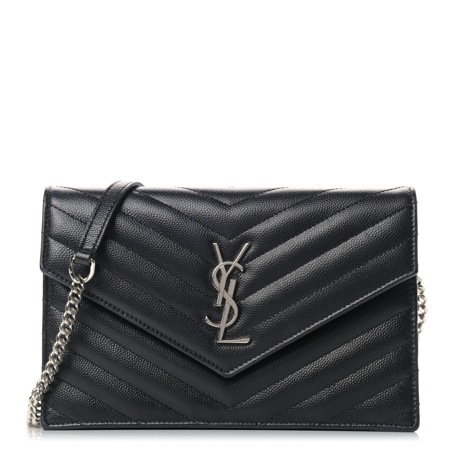 Saint Laurent Grain De Poudre Matelasse Chevron Monogram Envelope Chain Wallet Black 1 of 11