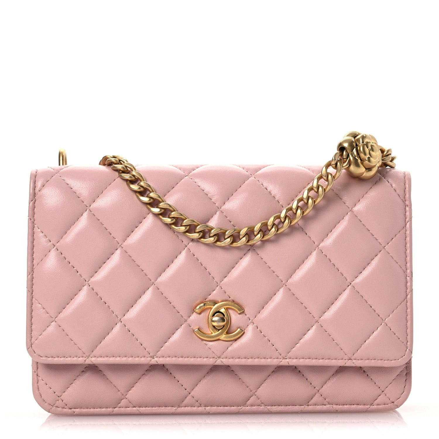 Chanel Lambskin Quilted Sweet Camellia Wallet on Chain WOC Light Beige 1 of 12