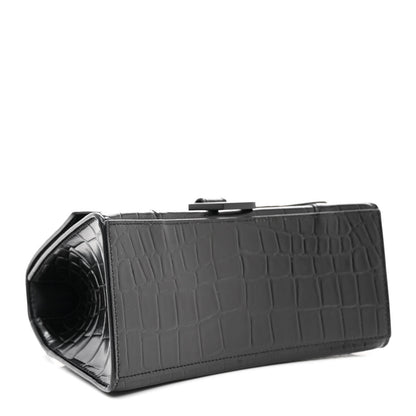 Balenciaga Shiny Calfskin Monochrome Crocodile Embossed Small Hourglass Top Handle Bag Black 4 of 11