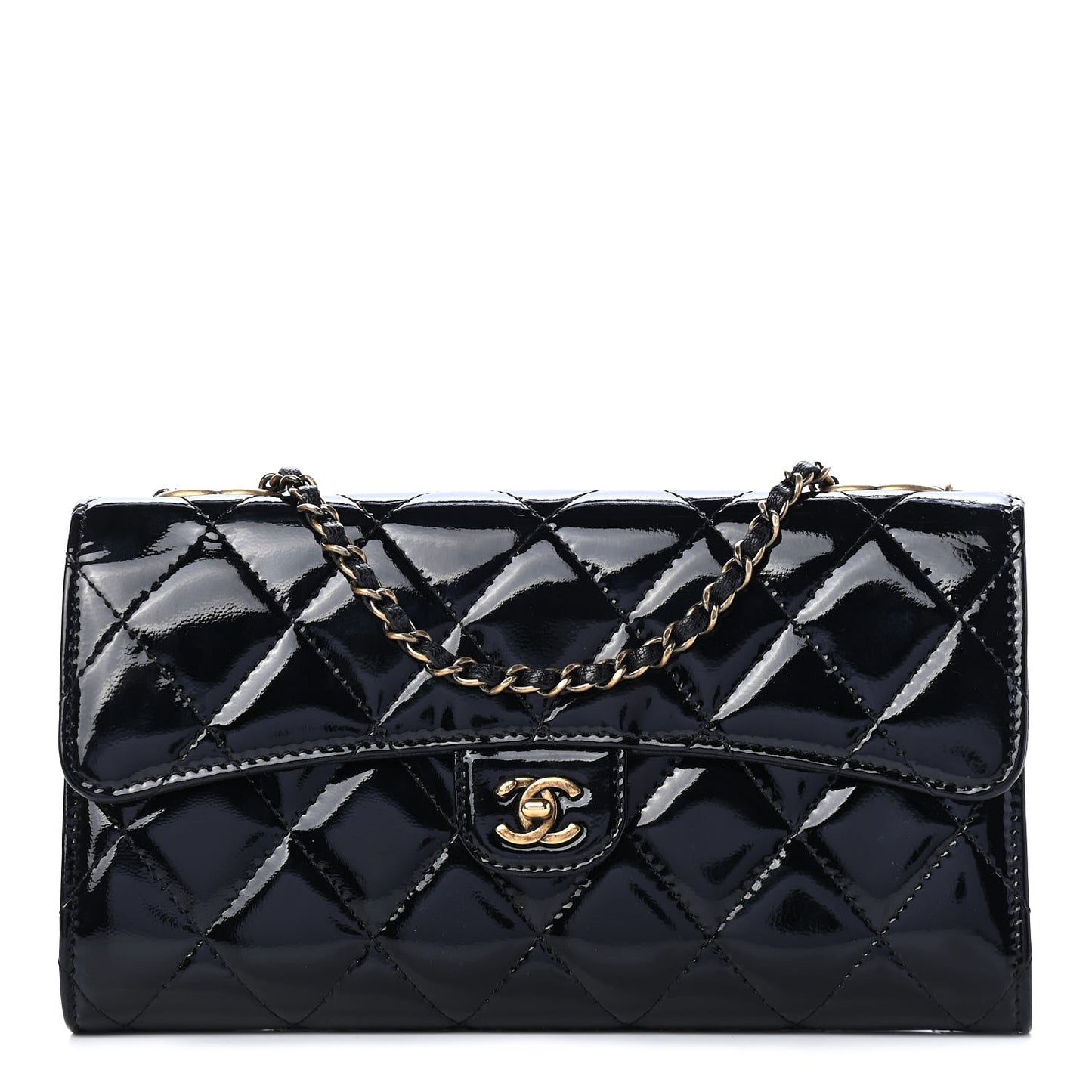 Patent Goatskin Quilted Small CC Eyelet Wallet On Chain WOC Black