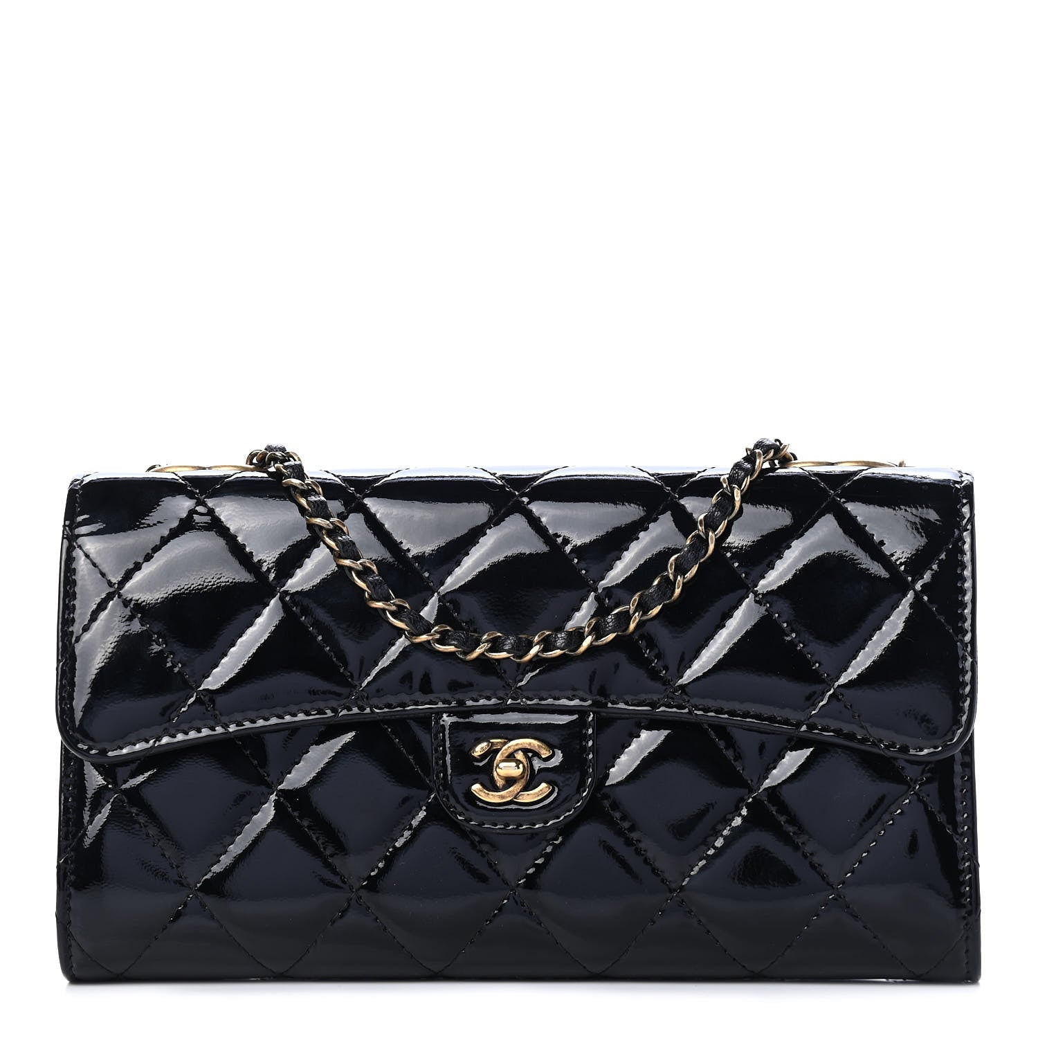 Chanel Patent Goatskin Quilted Small CC Eyelet Wallet On Chain WOC Black 1 of 9