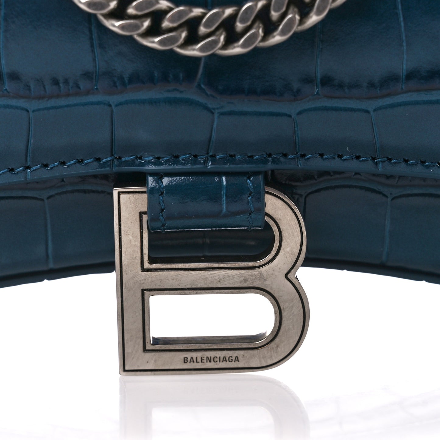 Shiny Calfskin Crocodile Embossed Hourglass Chain Bag Dark Petrol Blue