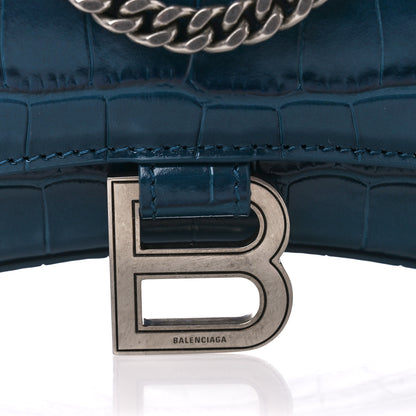 Balenciaga Shiny Calfskin Crocodile Embossed Hourglass Chain Bag Dark Petrol Blue 7 of 11