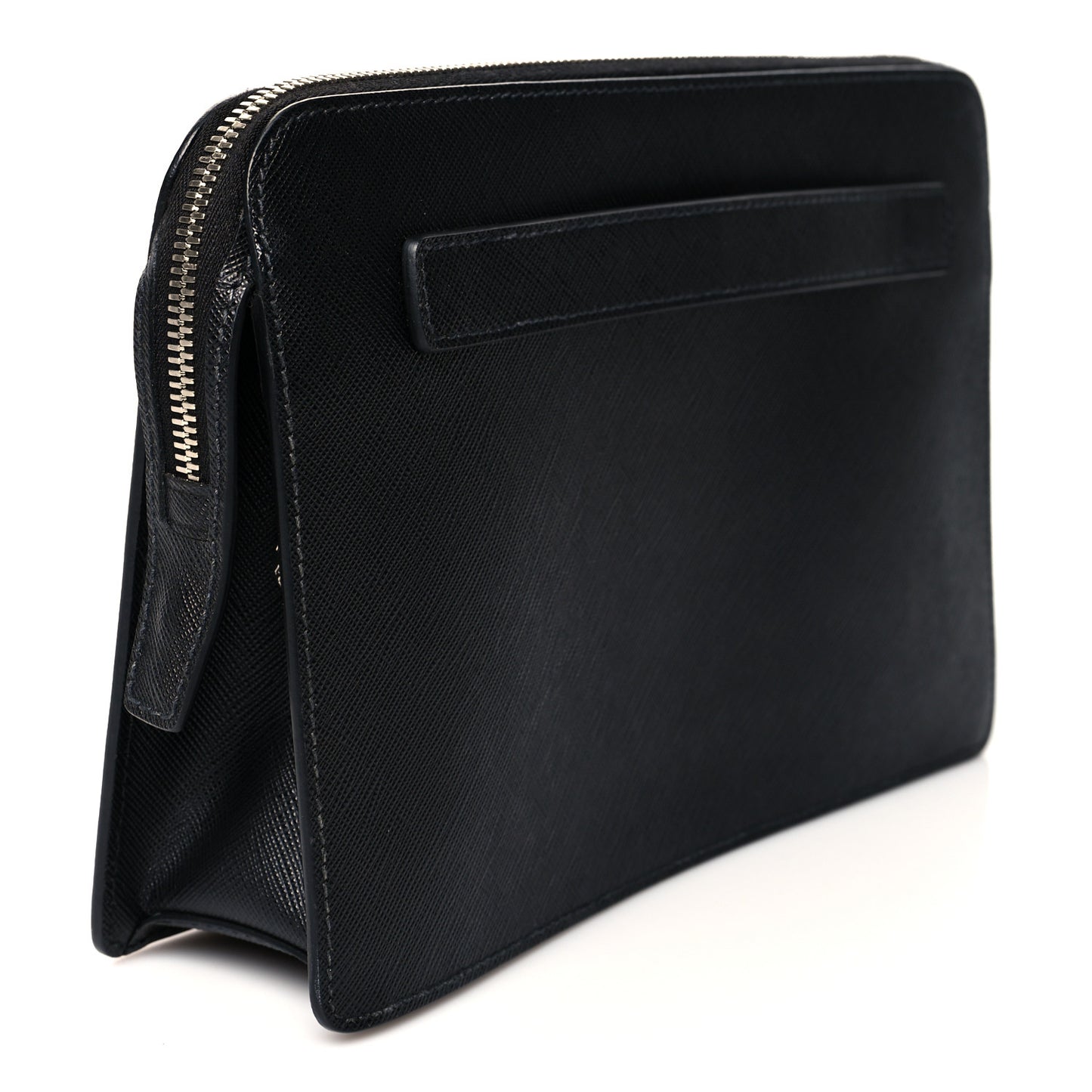 Saffiano Travel Metal Triangle Logo Slip Handle Wristlet Pouch Black