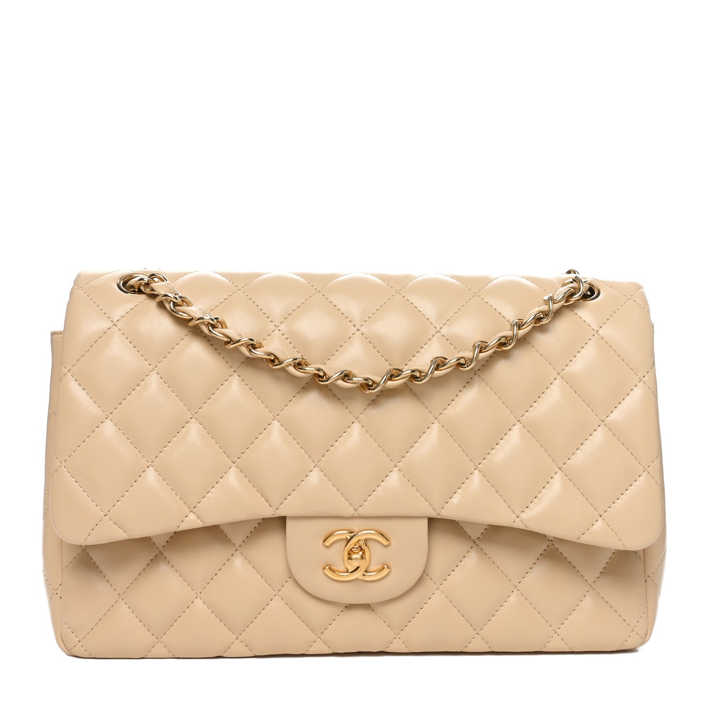 Lambskin Quilted Jumbo Double Flap Beige