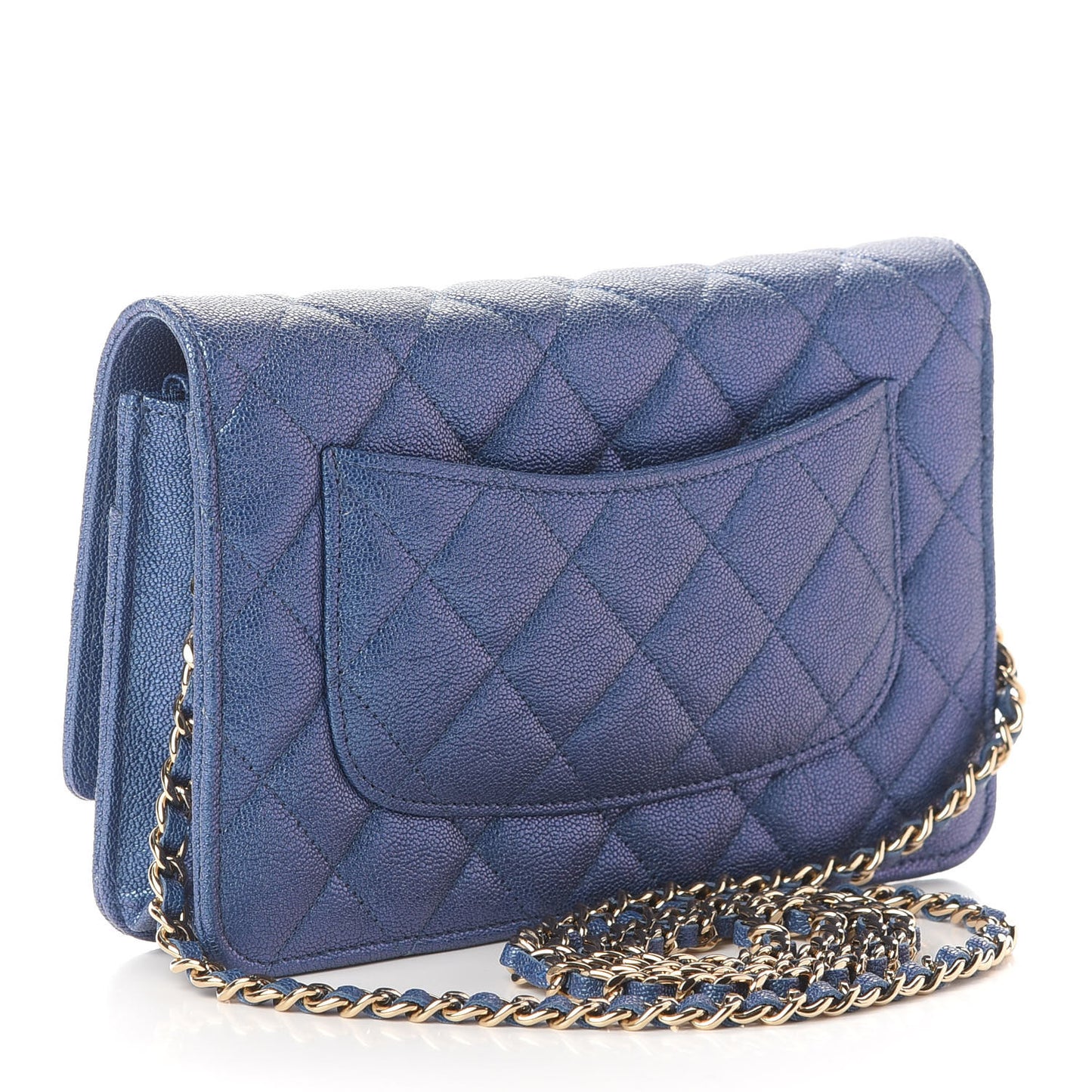 Iridescent Caviar Quilted Wallet On Chain WOC Dark Blue