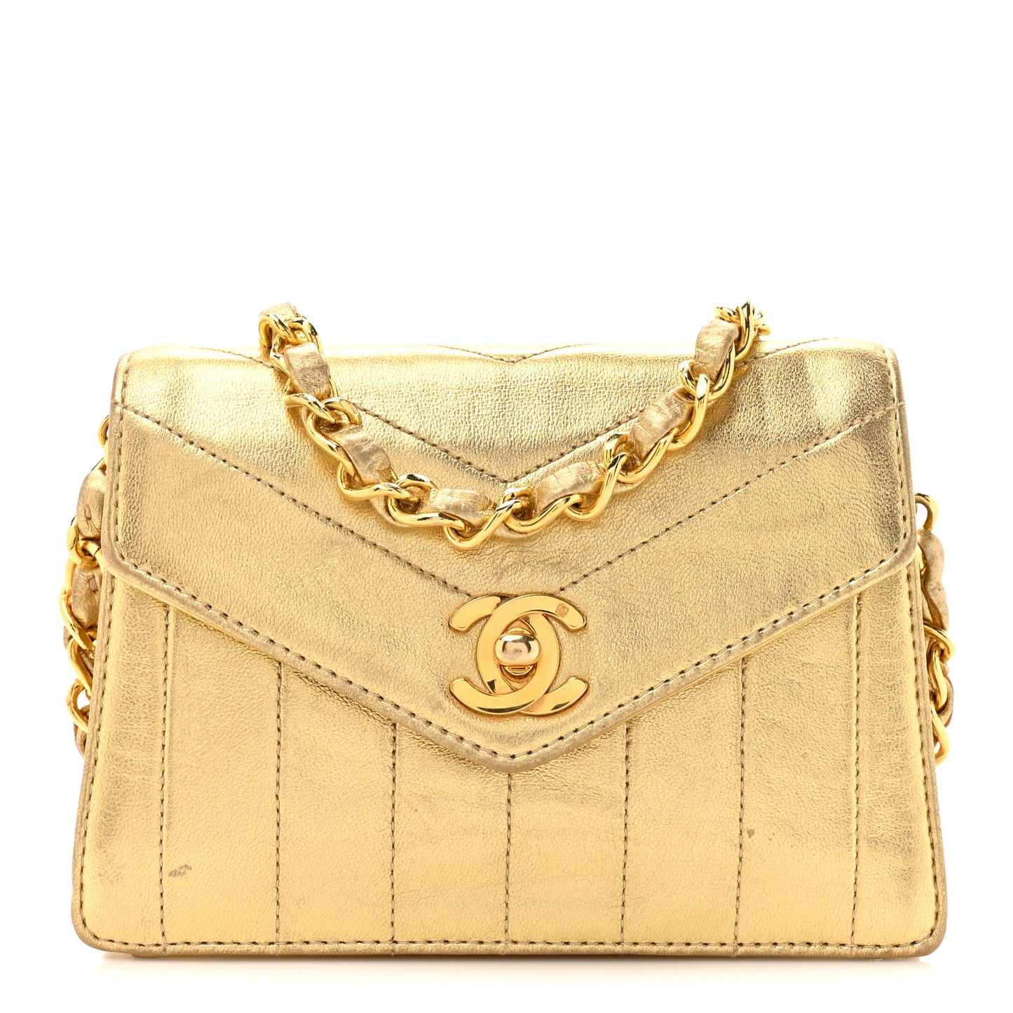 Metallic Lambskin Quilted Mini Flap Gold