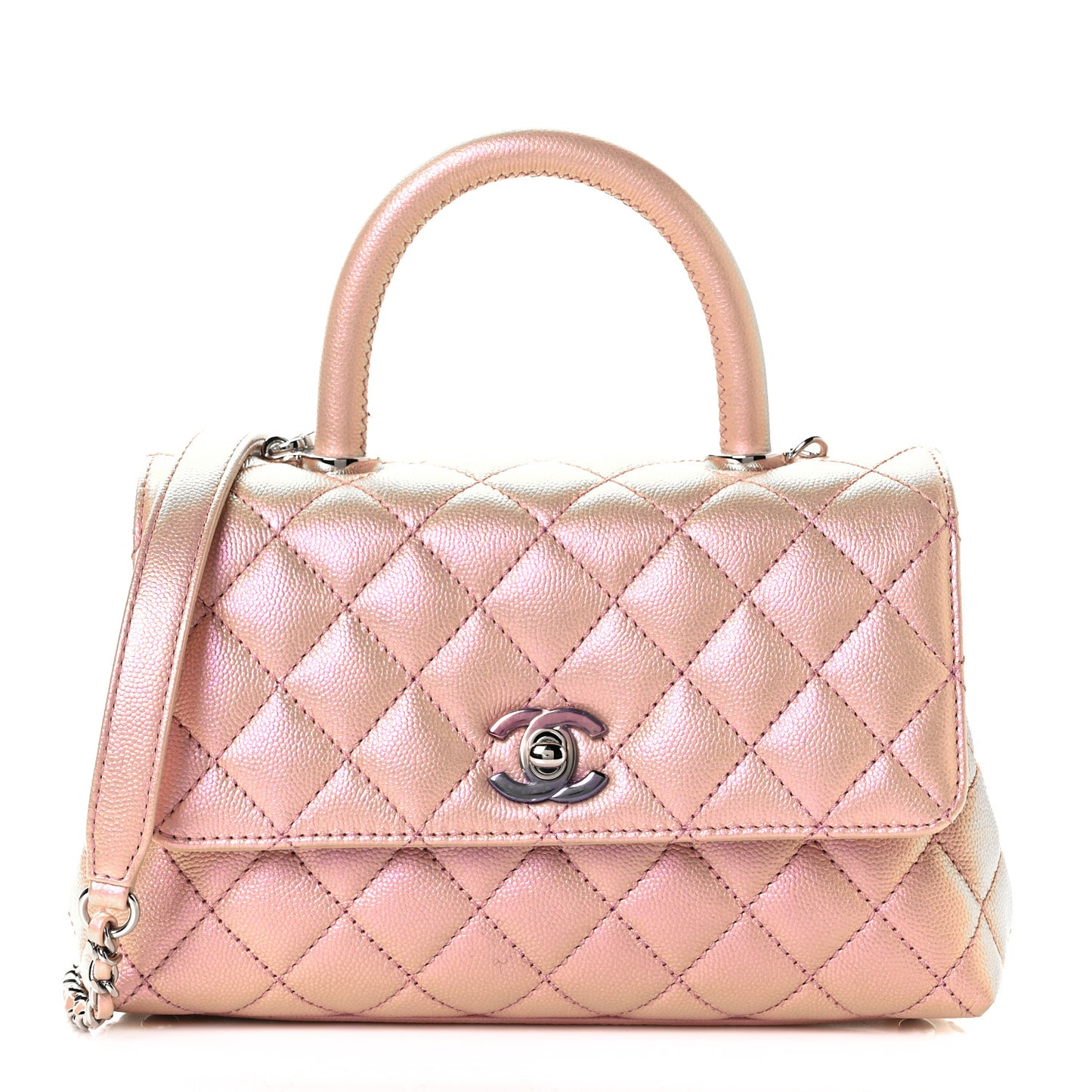 Iridescent Caviar Quilted Mini Coco Handle Flap Pink