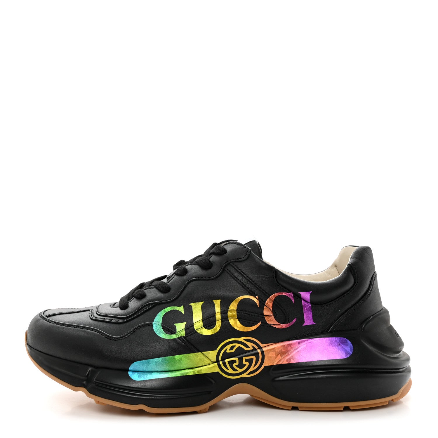 Gucci Calfskin Iridescent Logo Mens Rhyton Sneakers 10 Black 1 of 15